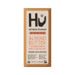 Hu Bar almond butter almond crunch mc close-up highlights a crunchy, satisfying on-the-go snack.
