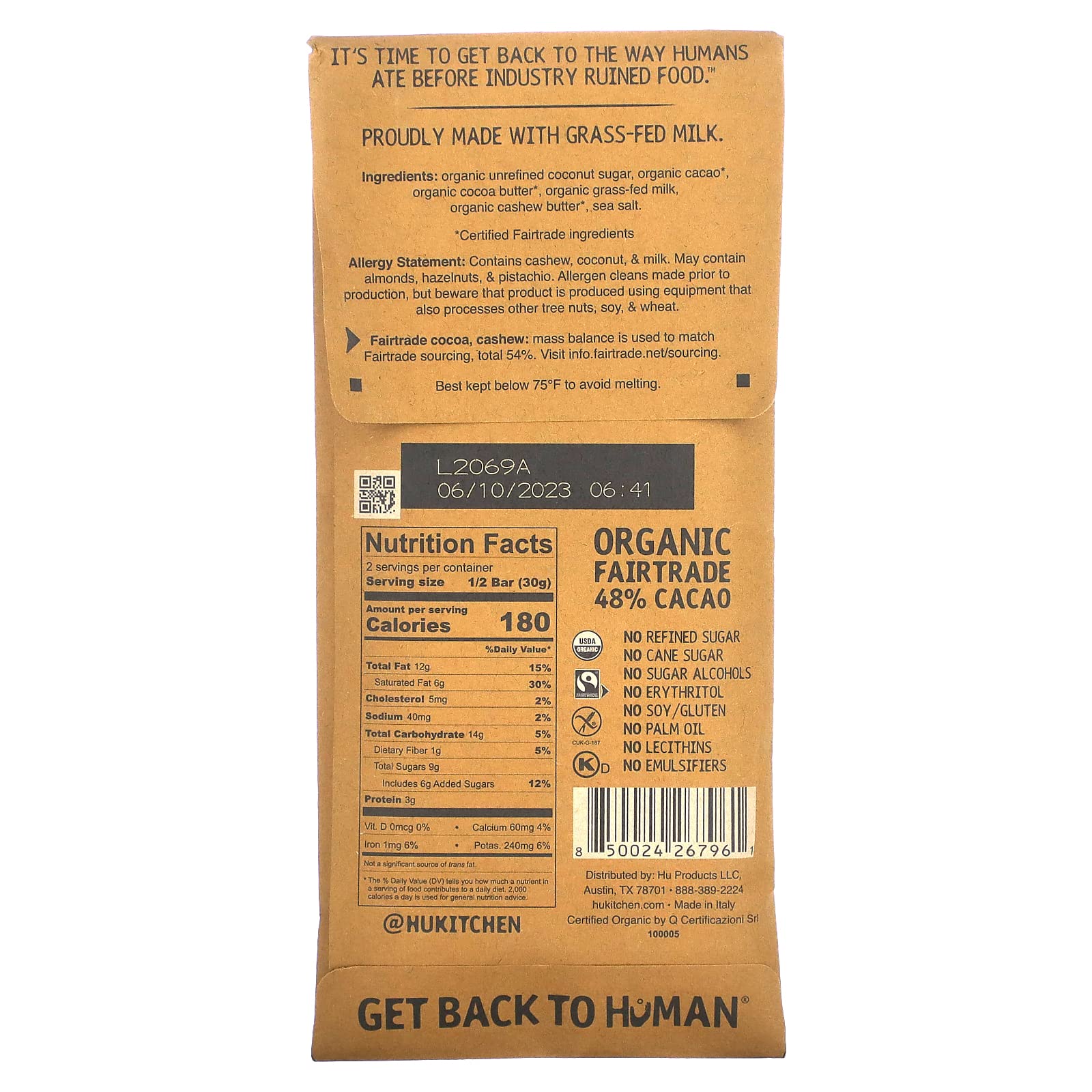 Hu Bar Cashew Butter Milk Chocolate break shows a smooth melt for a satisfying bite.