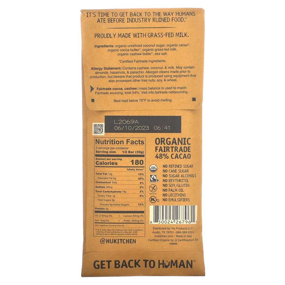 Hu Bar Cashew Butter Milk Chocolate break shows a smooth melt for a satisfying bite.