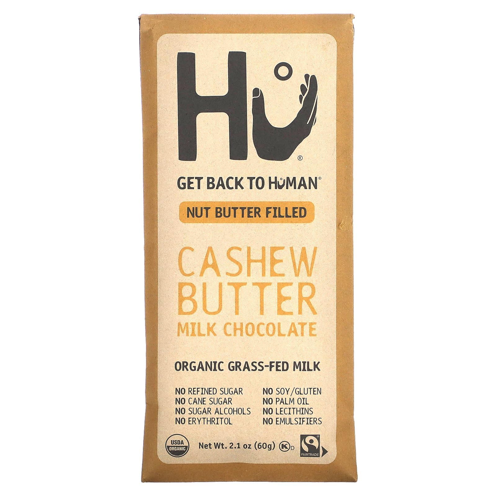 Hu Bar Cashew Butter Milk Chocolate packaging highlights premium ingredients and convenient snacking.