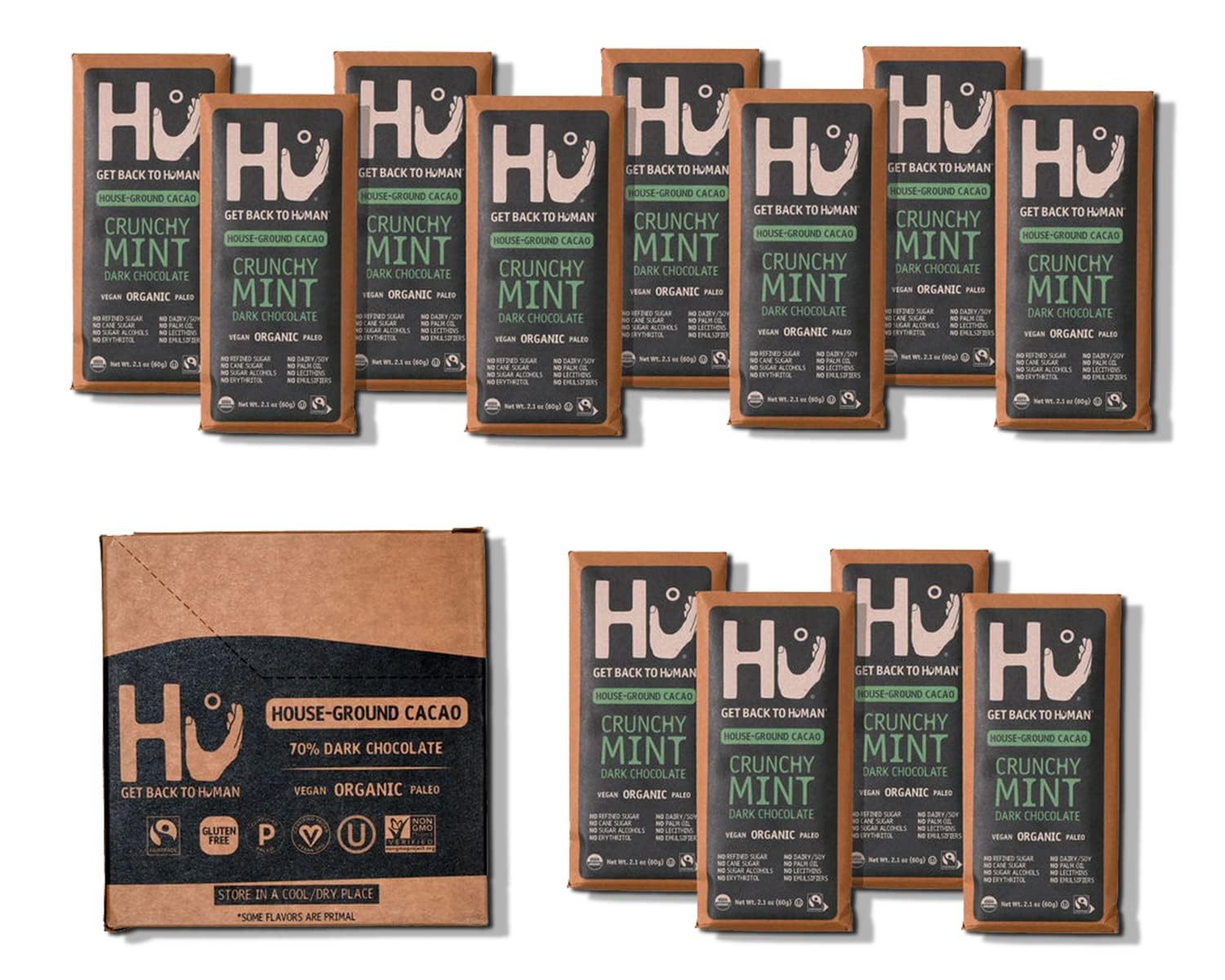 Hu Crunchy Mint chocolate bar, vegan and gluten-free, ideal for a refreshing snack