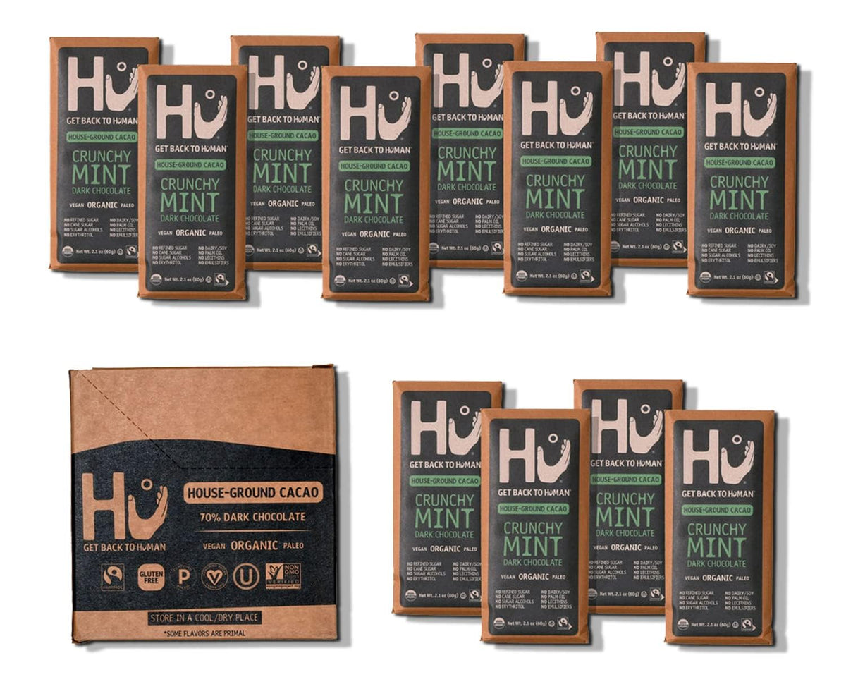Hu Crunchy Mint chocolate bar, vegan and gluten-free, ideal for a refreshing snack