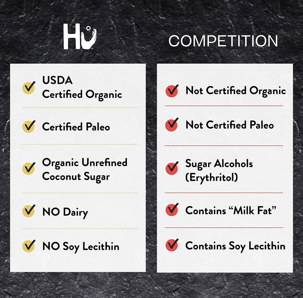 Hu chocolate bars fleur de sel sprinkle on dark chocolate surface.