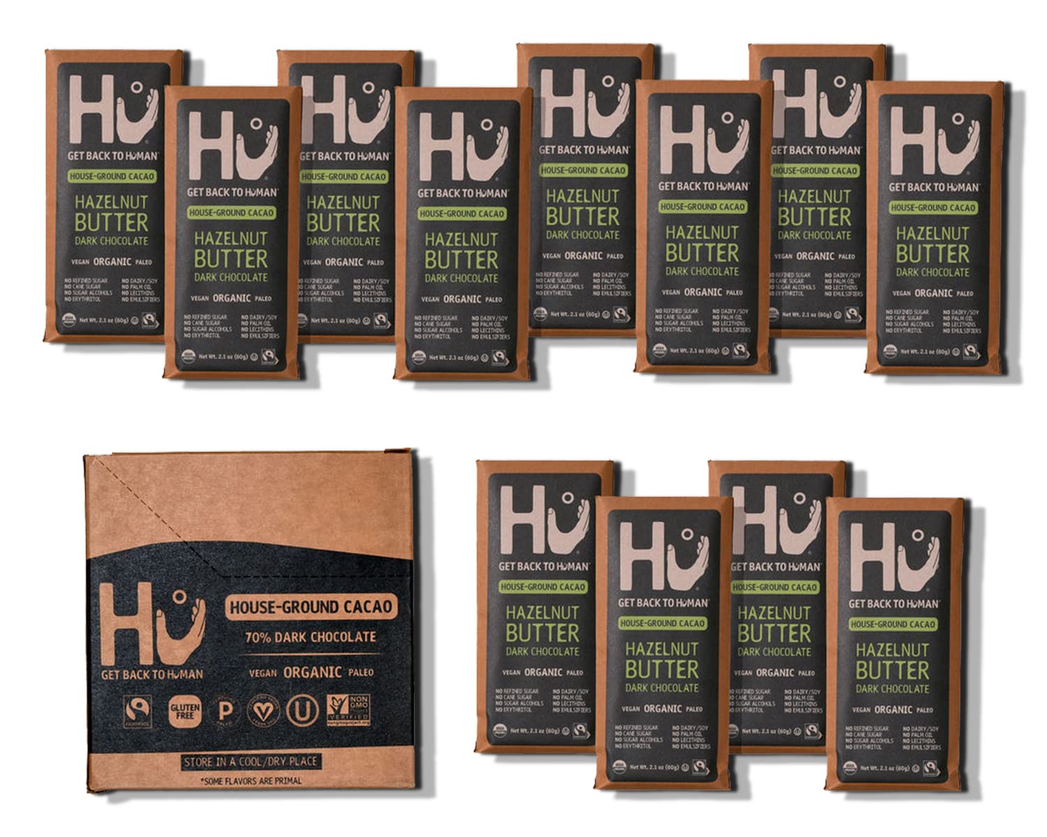 Hu chocolate bars hazelnut butter close-up with creamy center.