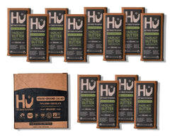 Hu chocolate bars hazelnut butter close-up with creamy center.