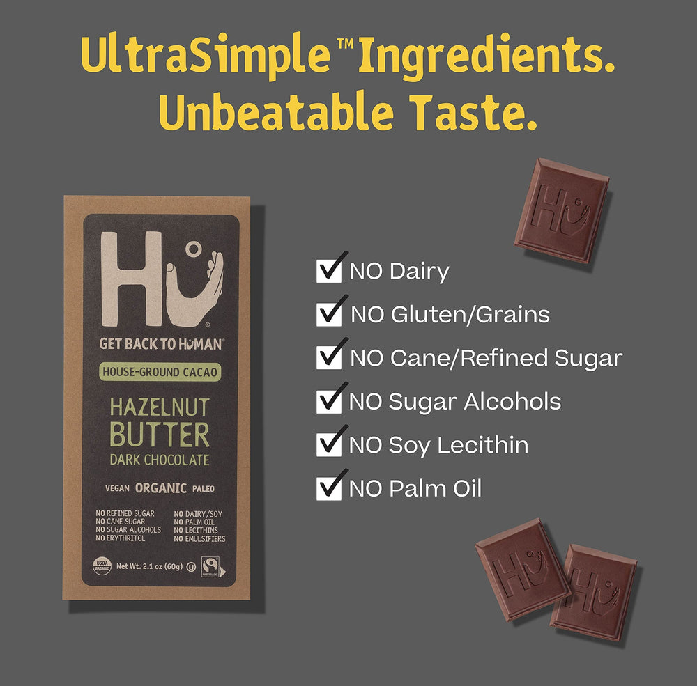 Hu chocolate bars vegan dairy-free ingredients close-up view.