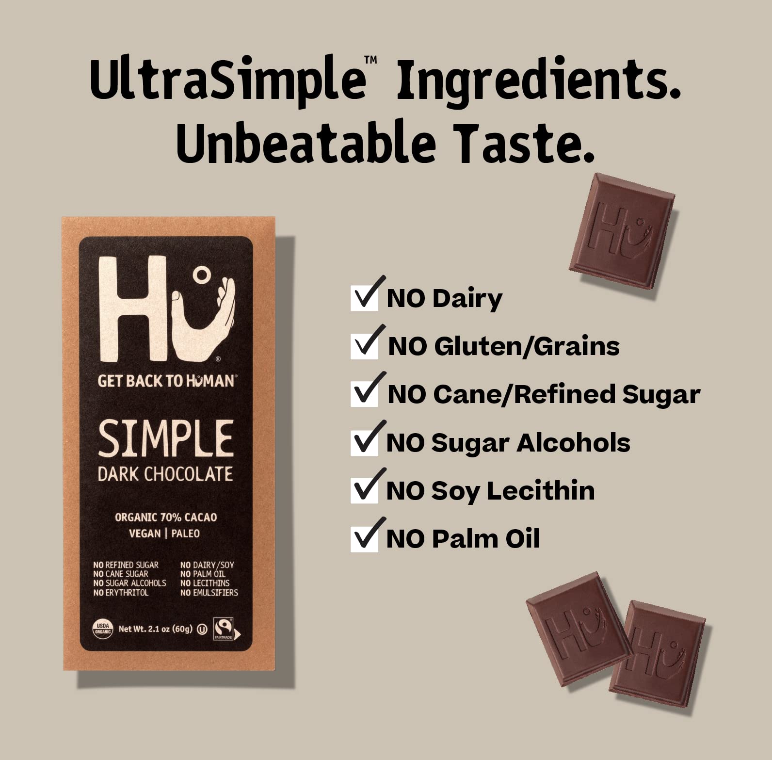 Hu ingredients coconut sugar and cocoa butter highlight a simple, clean ingredient list.