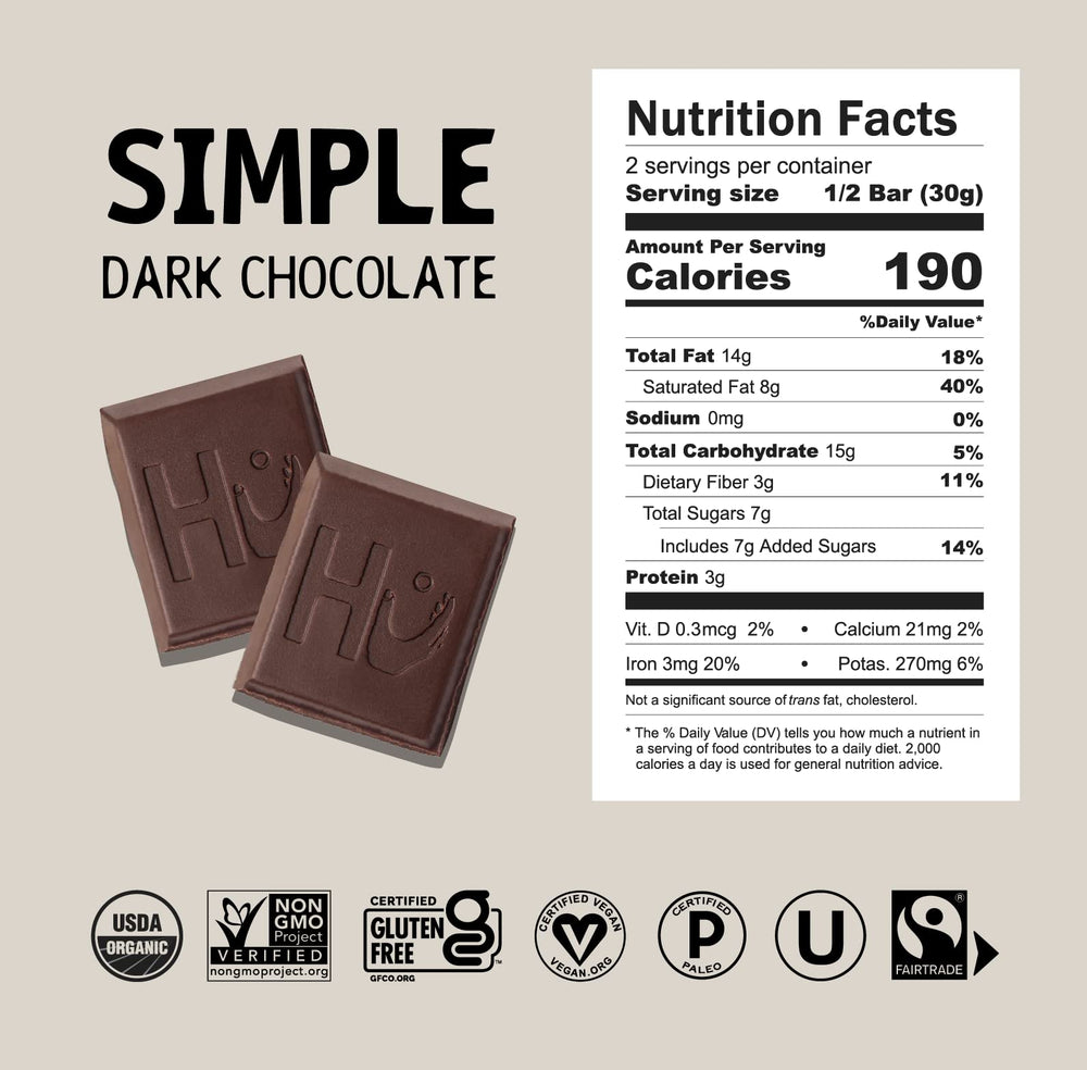 Close-up of Hu dark chocolate bar reveals rich cocoa with caramel notes.