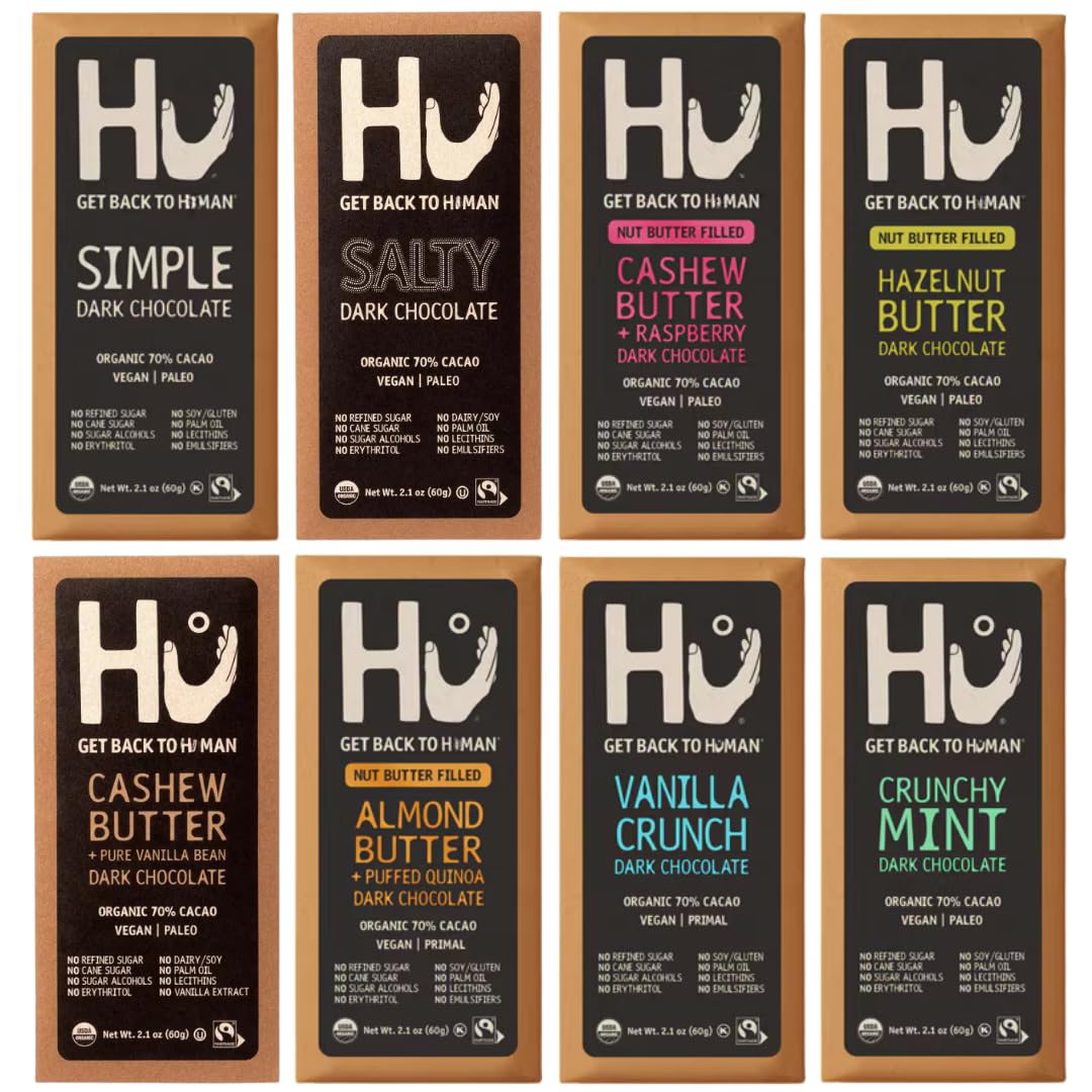 Hu 8-pack front view, premium dark chocolate bars for mindful indulgence