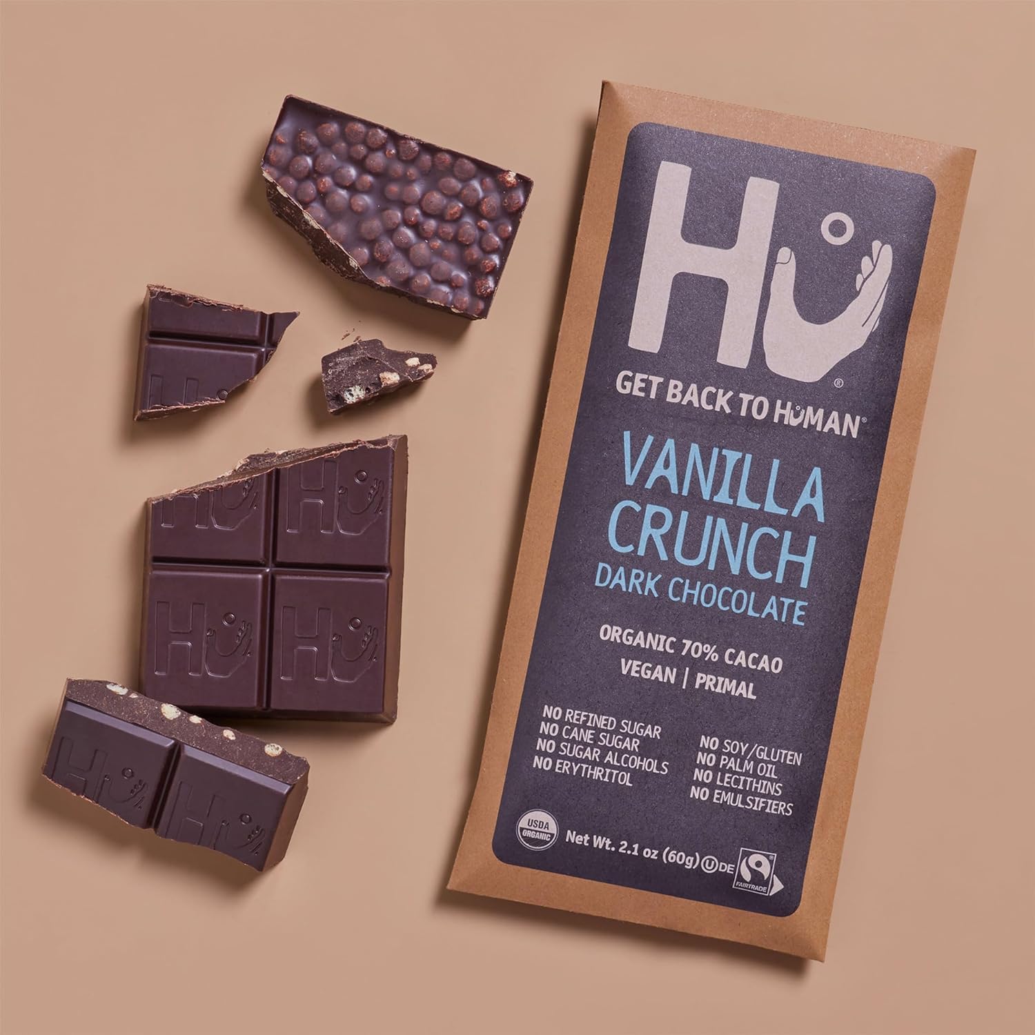 HU Dark chocolate bars close-up showing glossy, rich texture.