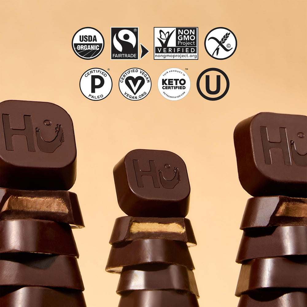 Close-up of the dark chocolate snap on a Hu bite.