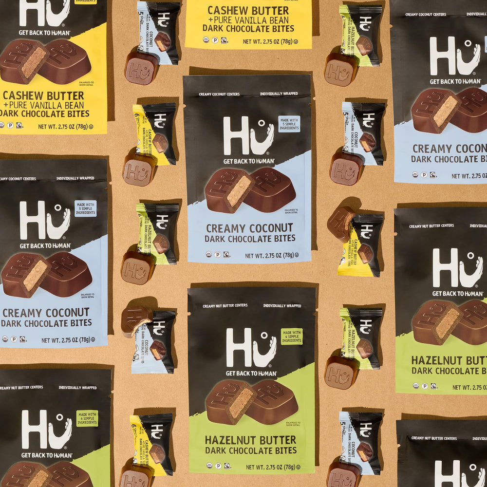 Hu Hazelnut Butter Dark Chocolate Bites, gluten-free and vegan option.