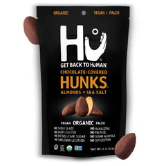Hu Hunks vegan chocolate almonds sea salt in a 2-pack, convenient zipper bag for on-the-go snacking.