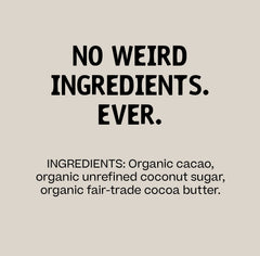 Hu organic fair-trade cacao beans emphasize ethical sourcing and bold flavor base.