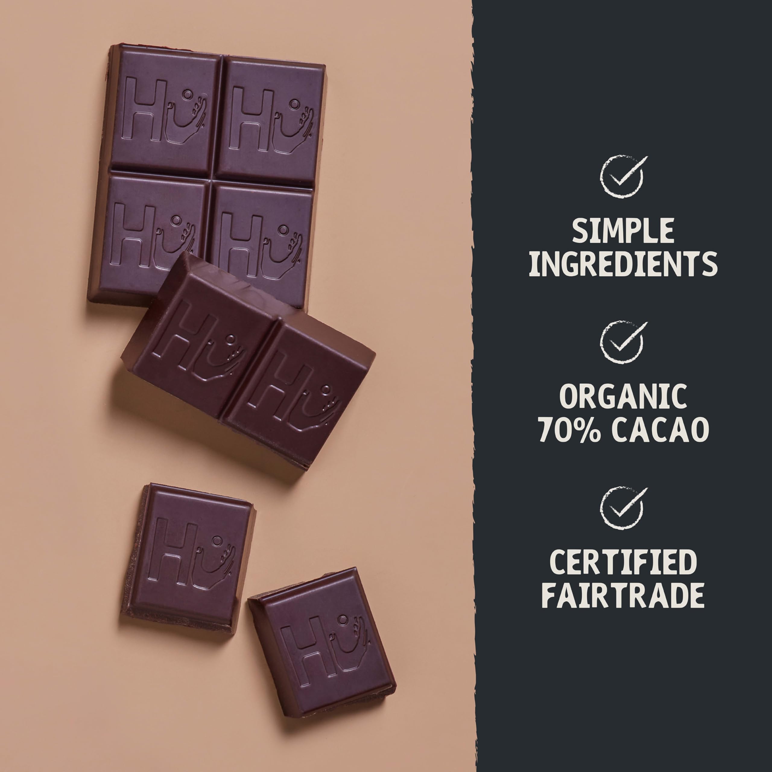 Hu Salty Dark Chocolate Bar ingredients panel highlights Organic and Fairtrade