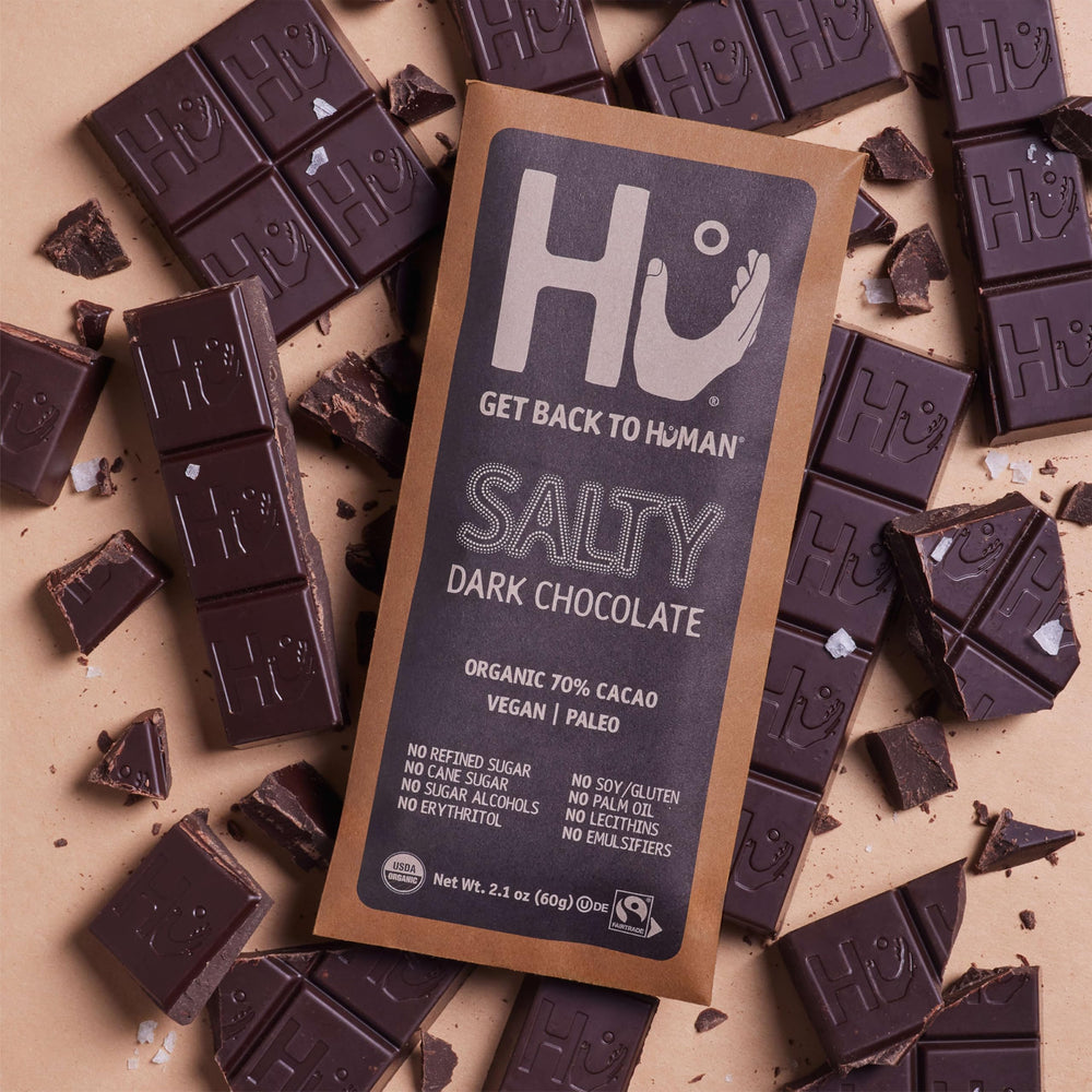 Hu Salty Dark Chocolate Bar wrapper features Organic and Fairtrade seals