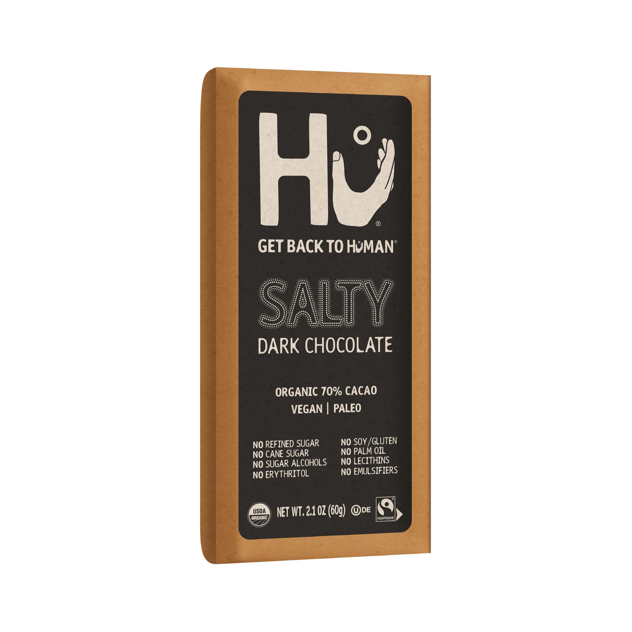 Hu Salty Dark Chocolate Bar on a wooden surface