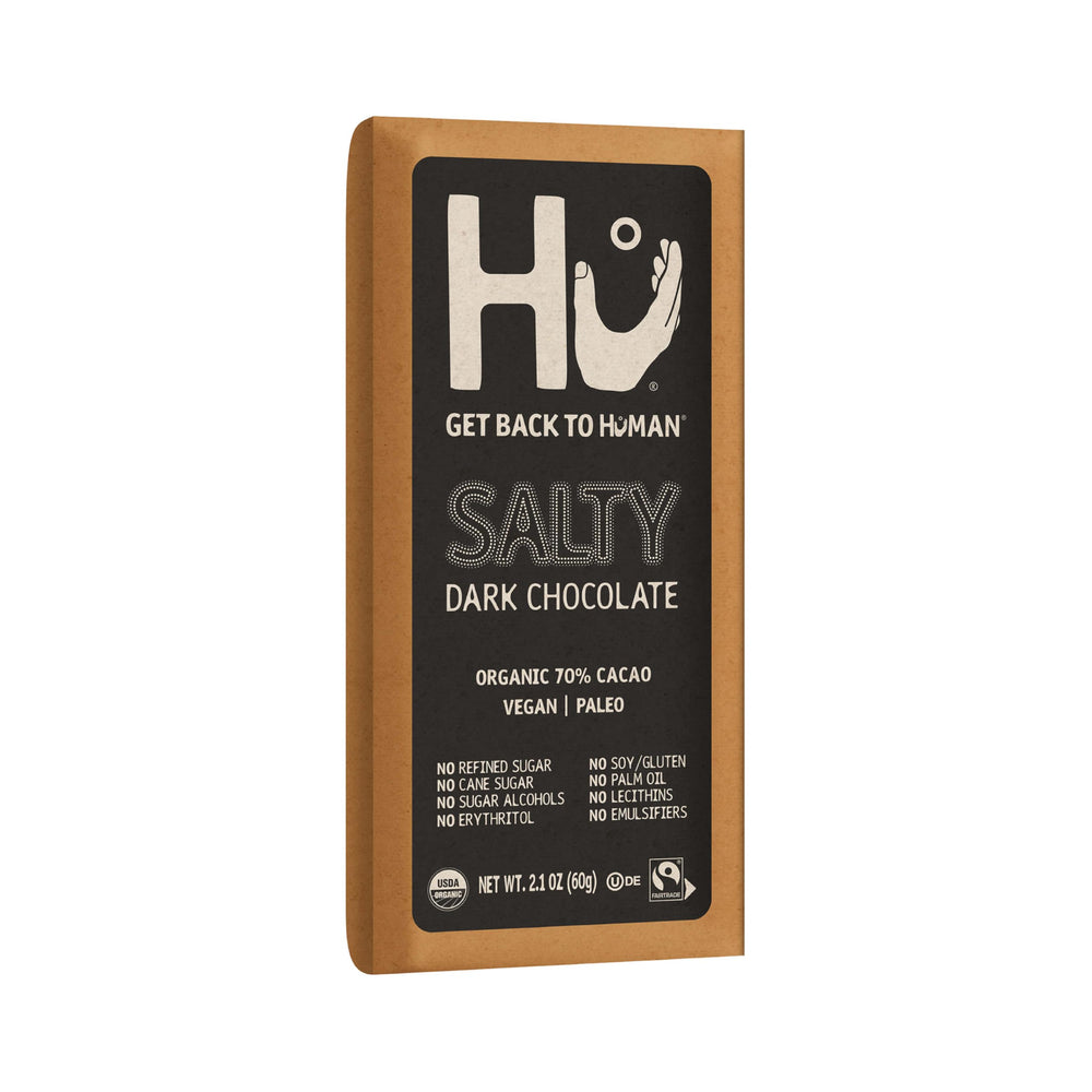 Hu Salty Dark Chocolate Bar on a wooden surface