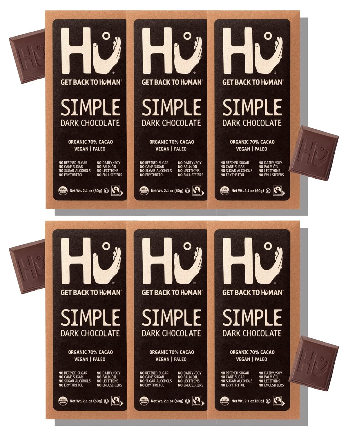 Hu simple dark chocolate bar 6-pack on display, gluten-free and vegan indulgence.
