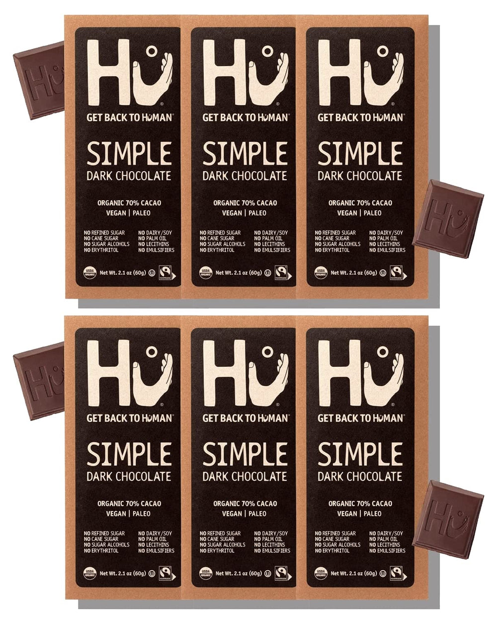 Hu simple dark chocolate bar 6-pack on display, gluten-free and vegan indulgence.