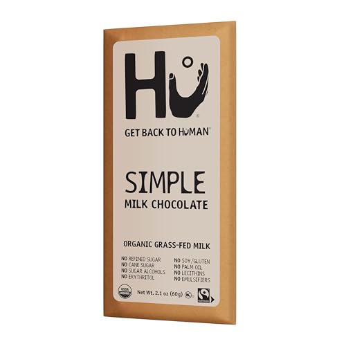 Hu Simple Milk Chocolate Bar half slice ready for tasting