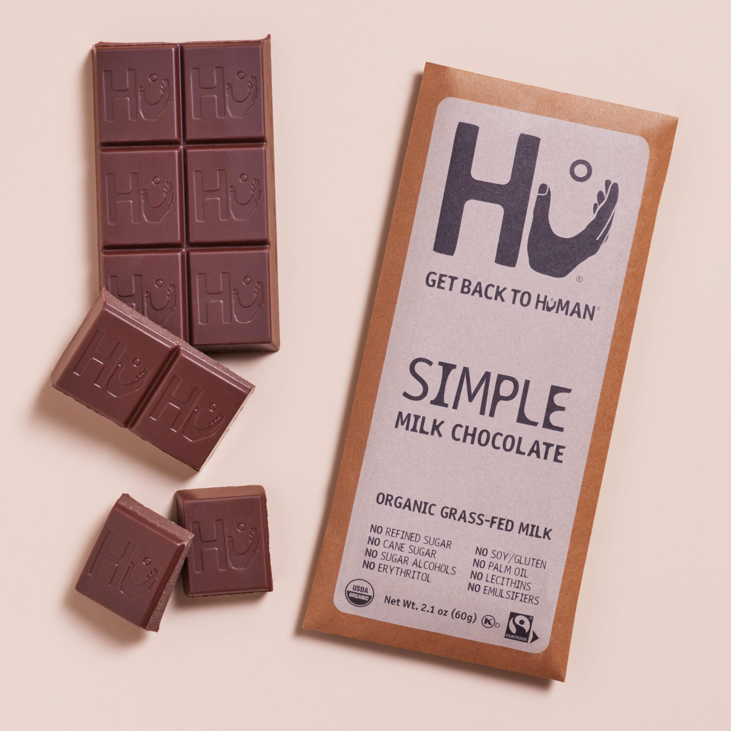 Hu Simple Milk Chocolate Bar organic and Fairtrade sourcing label