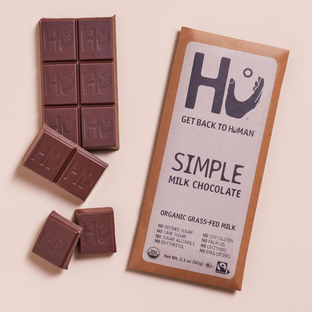 Hu Simple Milk Chocolate Bar organic and Fairtrade sourcing label