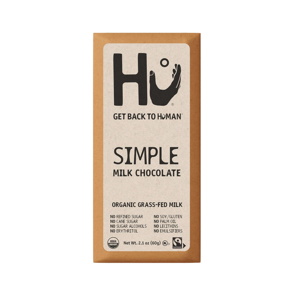 Hu Simple Milk Chocolate Bar packaging highlights clean ingredients for transparency and trust