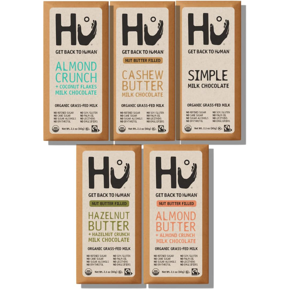 Hu Simple Milk Chocolate Bar: creamy, dairy-free indulgence for mindful snacking.