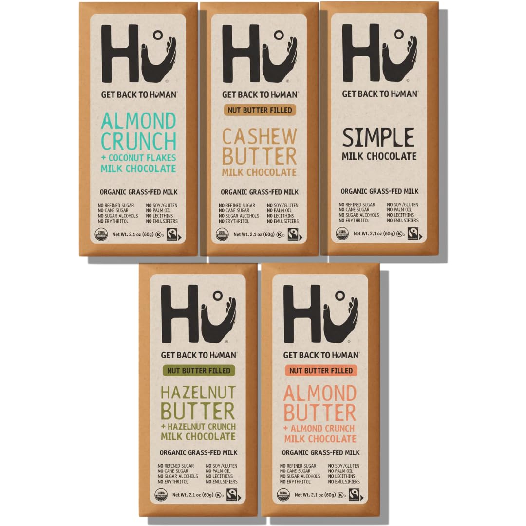 Hu Simple Milk Chocolate Bar: creamy, dairy-free indulgence for mindful snacking.