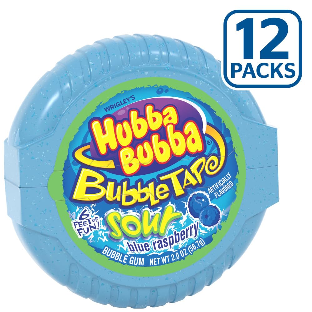 Hubba Bubba blue raspberry bubble gum tape open pack with bright packaging.
