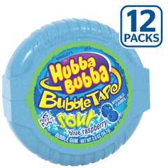 Hubba Bubba blue raspberry bubble gum tape open pack with bright packaging.