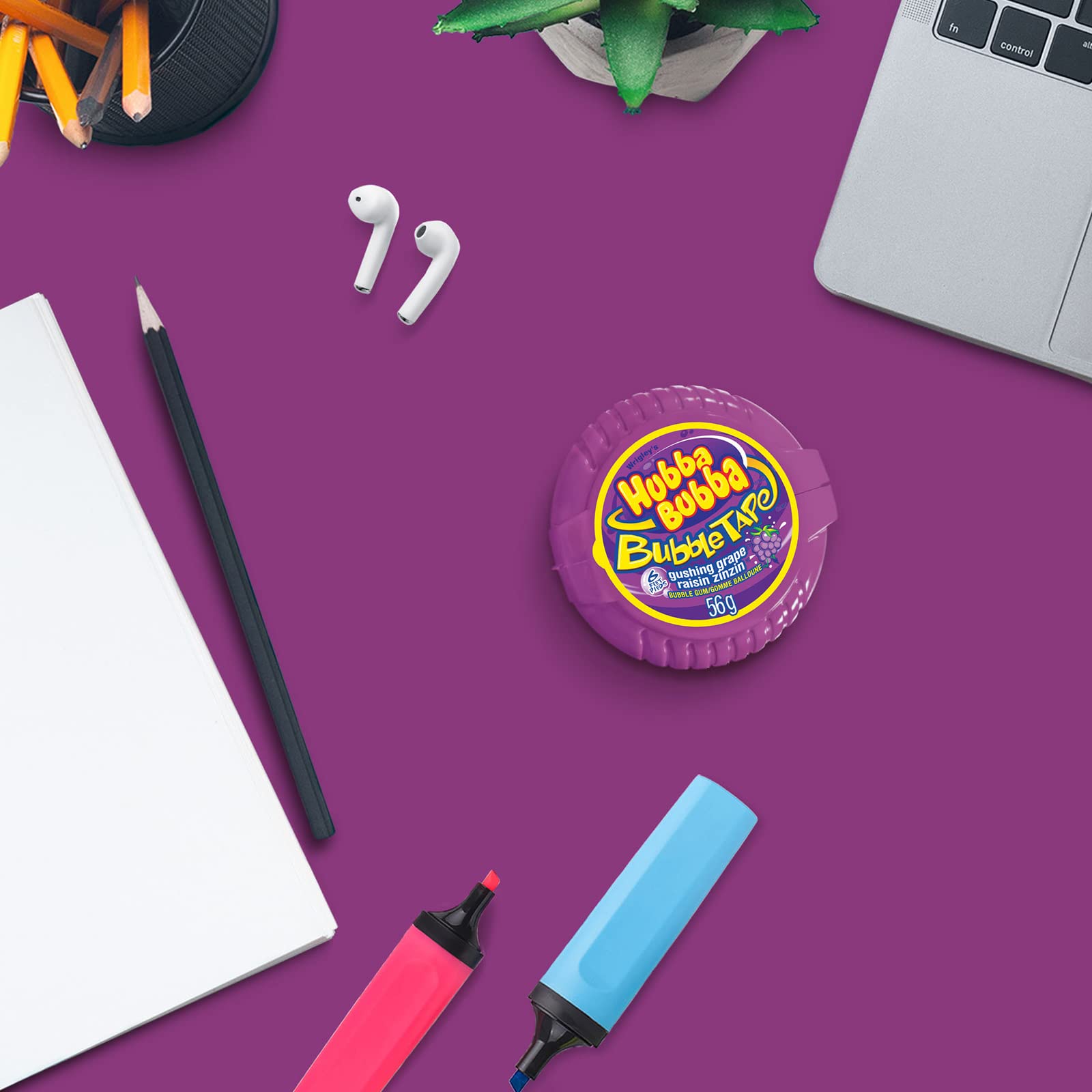 Hubba Bubba Bubble Tape Gushing Grape box display highlighting a multi-pack offer.
