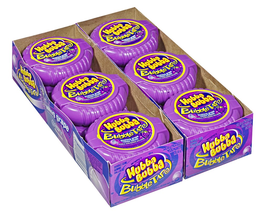 Hubba Bubba Bubble Tape Gushing Grape unwrapped roll showing six feet of gum.