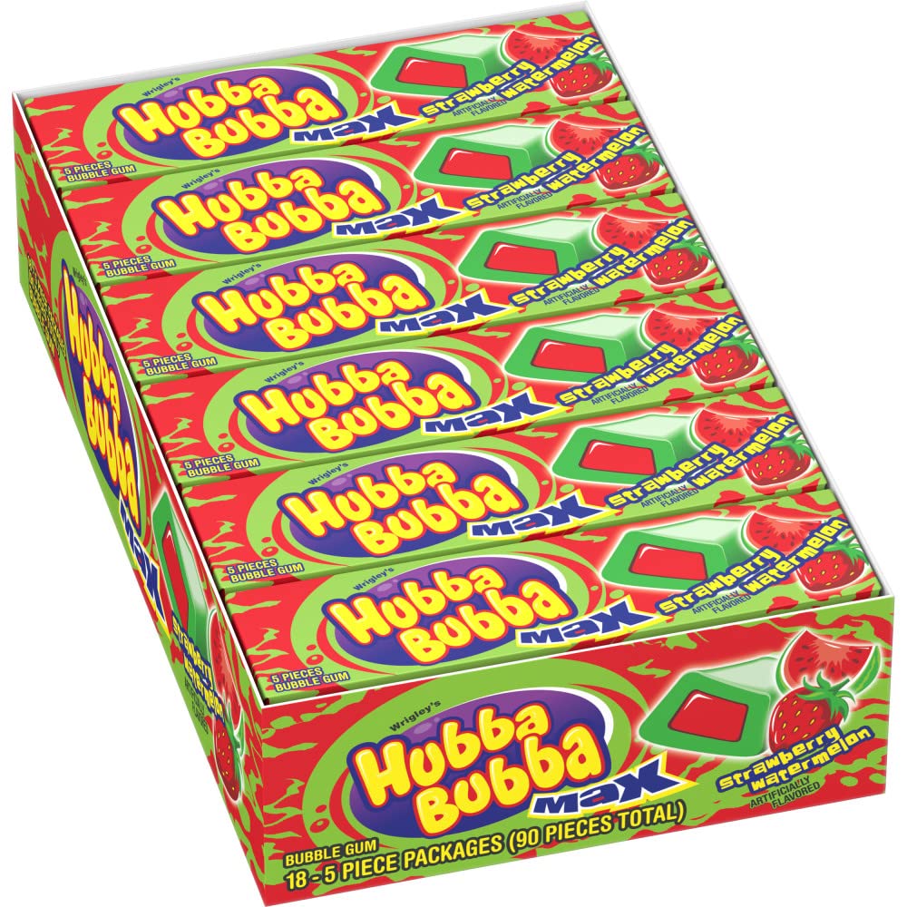 Hubba Bubba bulk gum strawberry watermelon 18-pack with individually wrapped pieces for sharing.