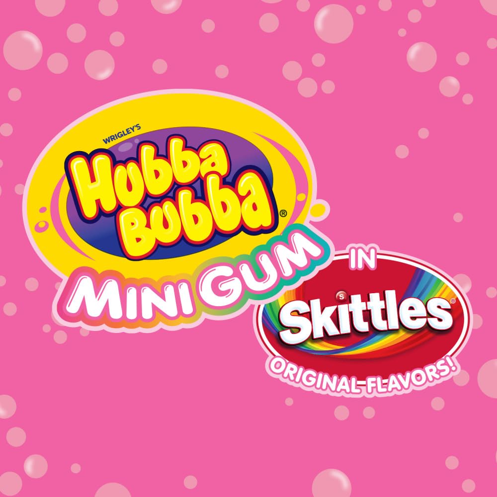 Resealable Hubba Bubba Minis SKITTLES bottle showing fruity flavors for sharing.