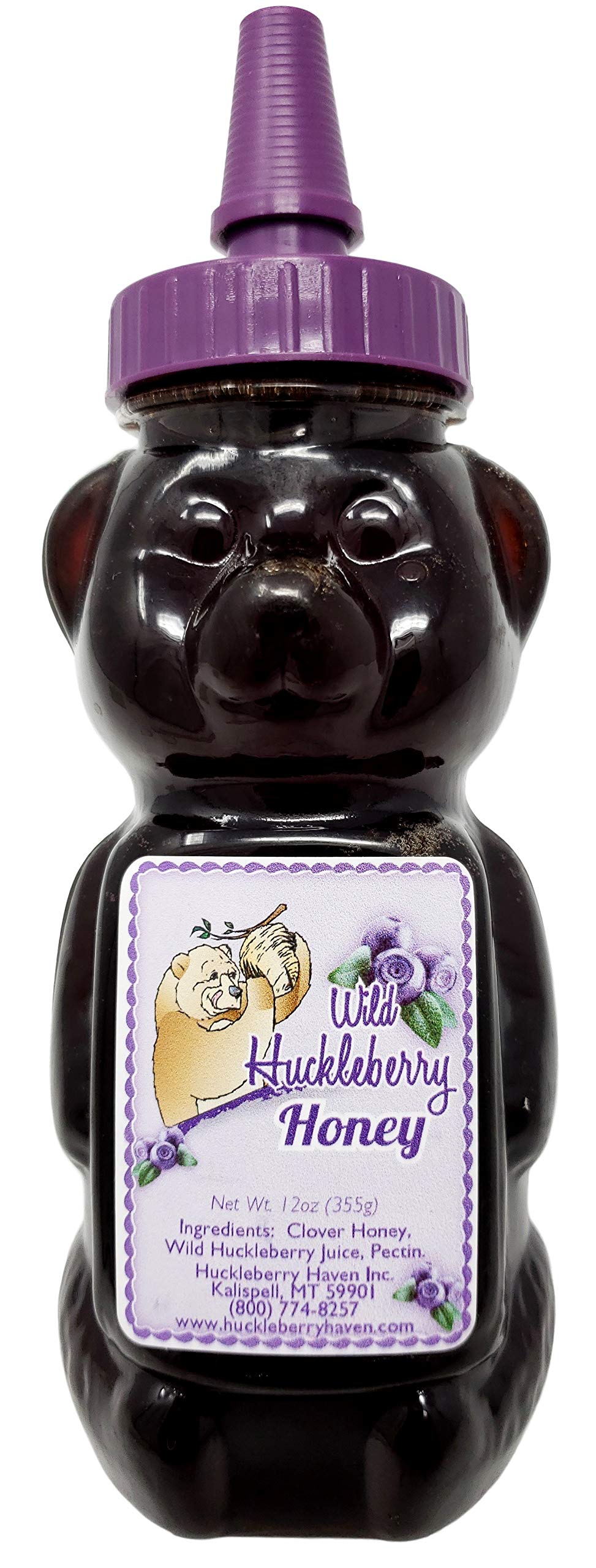 Huckleberry Haven wild huckleberry honey bear 12oz bottle, perfect for tea sweetness.
