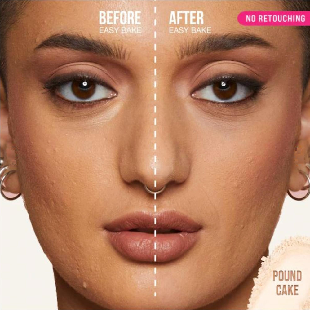 Huda Easy Bake Pound Cake matte finish powder offers color correction across fair to tan tones.