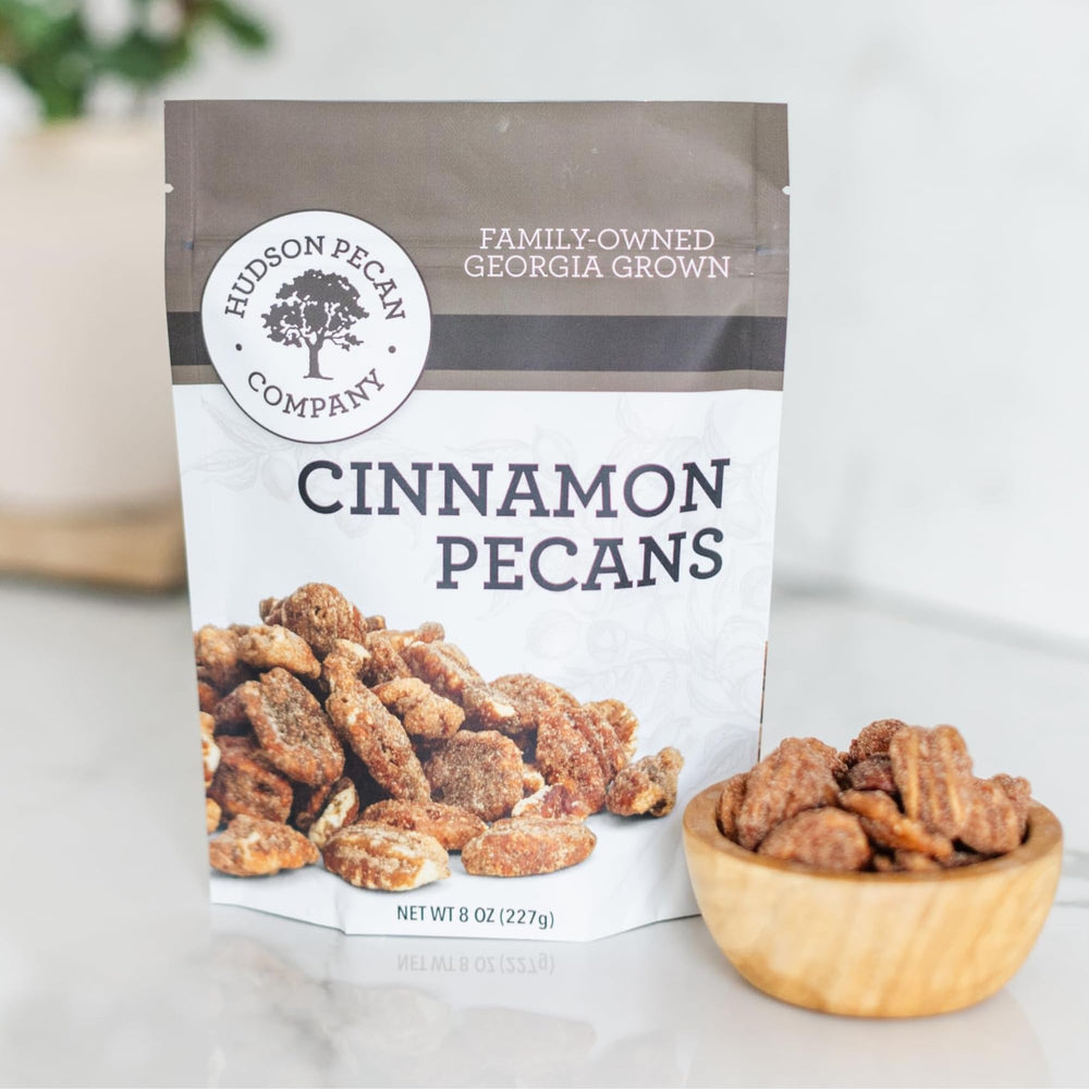 Hudson Pecan Cinnamon Candied Pecans close-up with glossy glaze for snacking