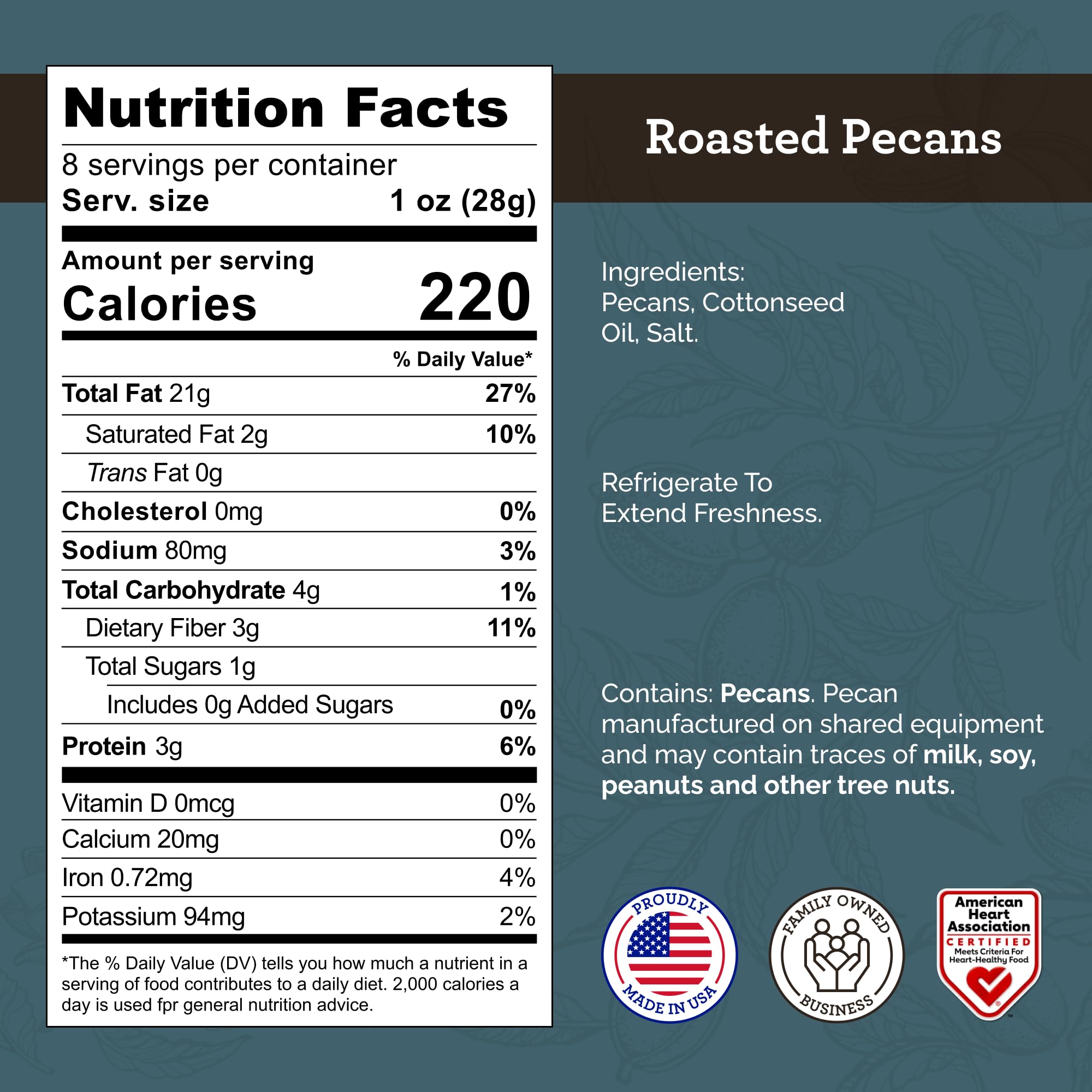 Hudson Pecan Company Fancy Roasted Pecans 8oz close-up, showcasing rich buttery texture.