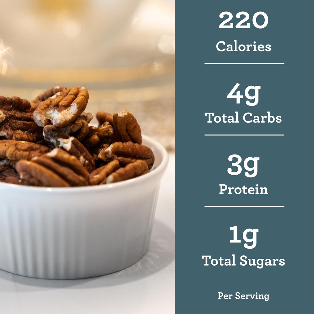 Hudson Pecan Company Oven-roasted Pecans close-up, aroma-rich snack option.
