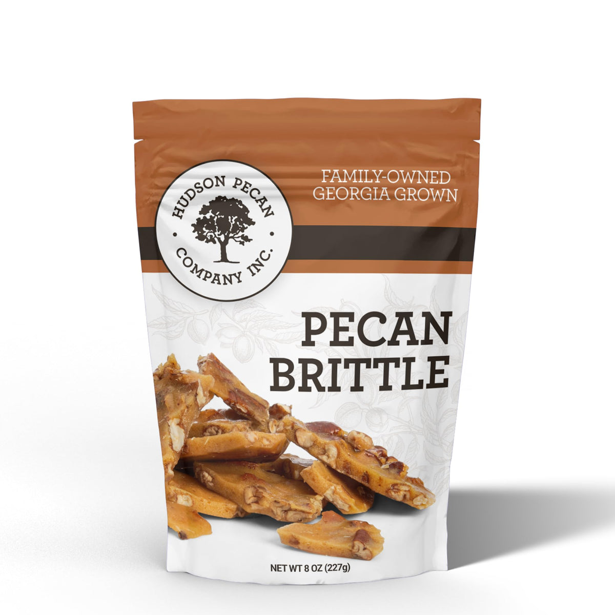Hudson Pecan Company pecan brittle packaging closeup, premium snack in a resealable pouch