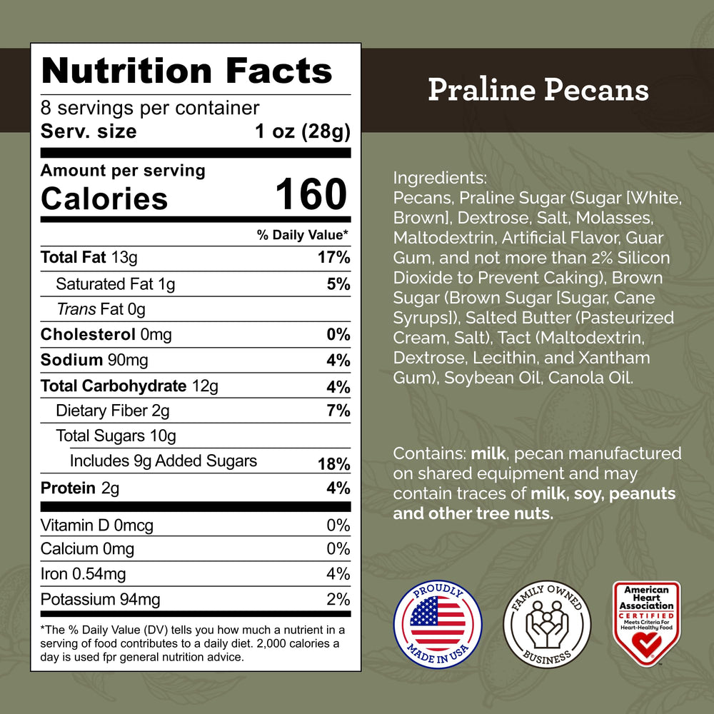 Hudson Pecan Company praline pecans with glossy candied coating, ideal for desserts.