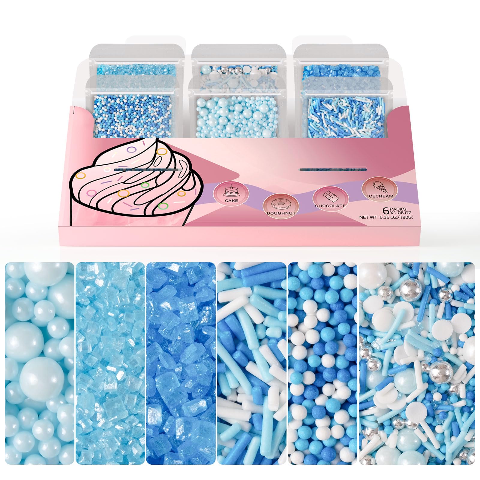 Huebeaty 6-in-1 blue and white sprinkle mix adds vibrant color to cookies and cupcakes