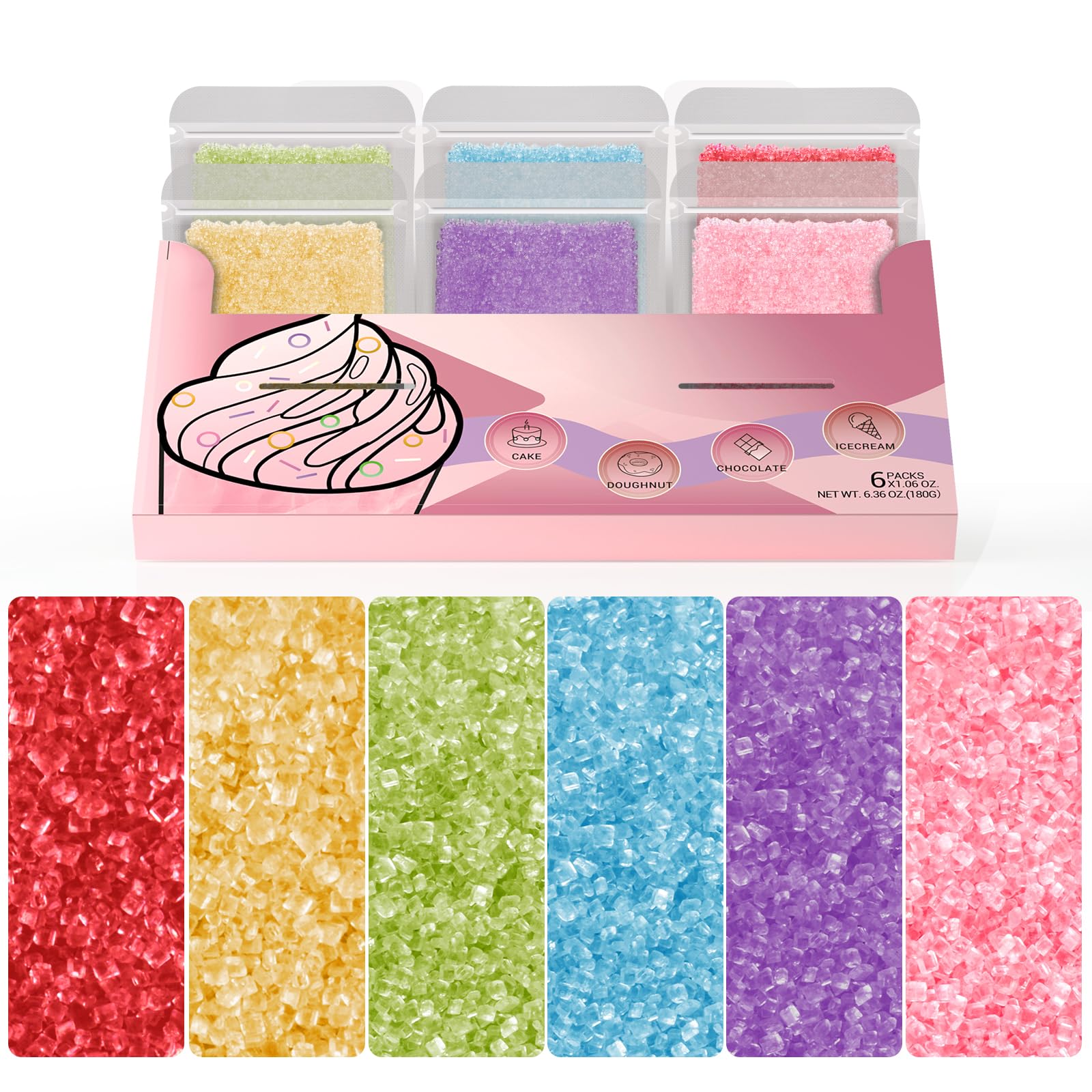 Huebeaty 6-in-1 rainbow sanding sugar being poured over a cake for vibrant color.