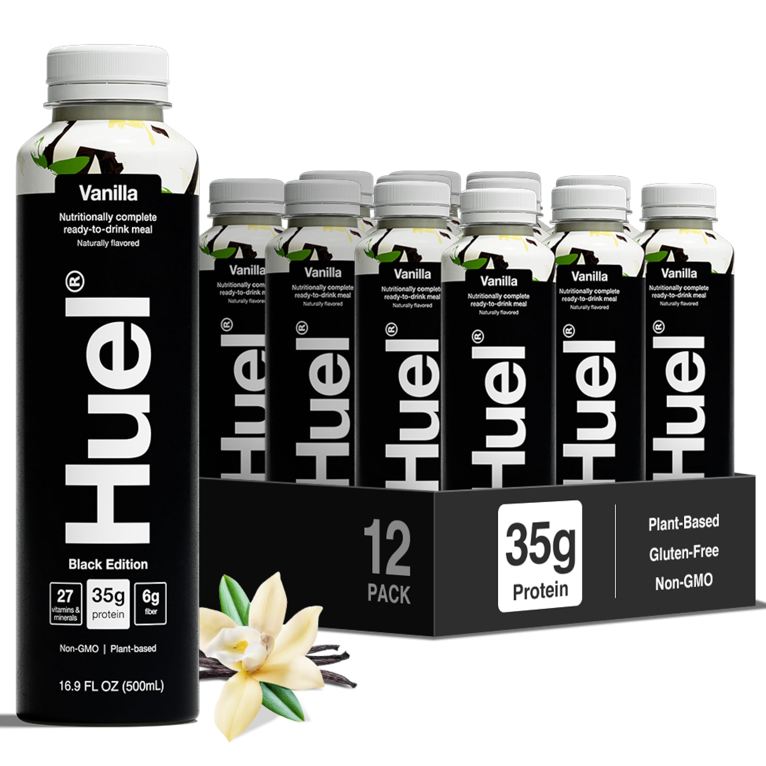 Huel Black Edition Vanilla bottle ready for convenient meal replacement on the go.