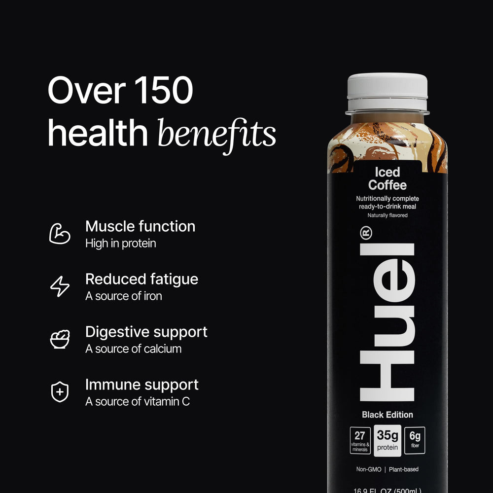 Huel Black Edition RTD strawberry banana bottle, colorful option with nutrients
