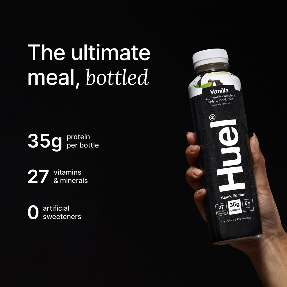 Huel Black Edition Vanilla bottle closeup highlights protein content and clean label.
