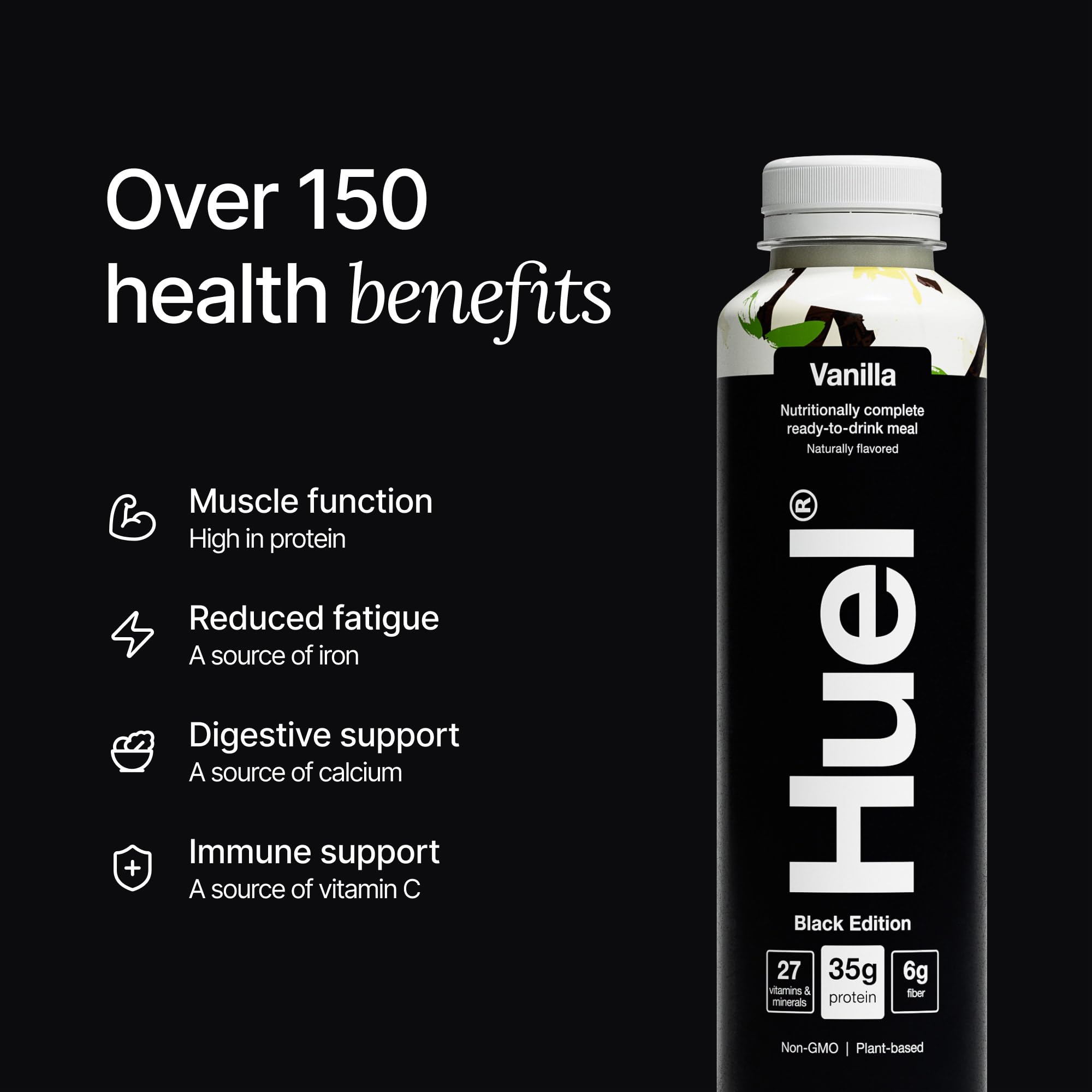 Huel Black Edition Vanilla nutrition label shows 27 vitamins and minerals.