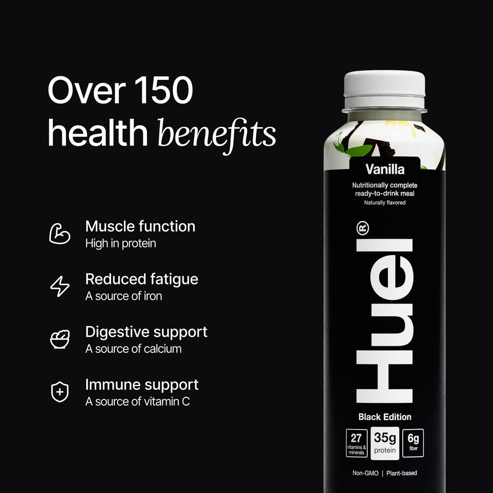 Huel Black Edition Vanilla nutrition label shows 27 vitamins and minerals.